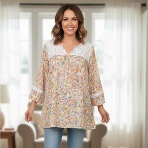 New Croft & Barrow Womens 3X Plus Size Lace Trim Top Multicolor Floral Boho